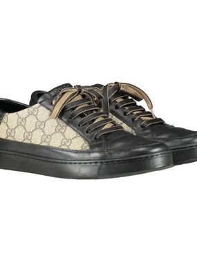 Gucci Black Leather & Beige GG Canvas Sneakers Men’s luxury